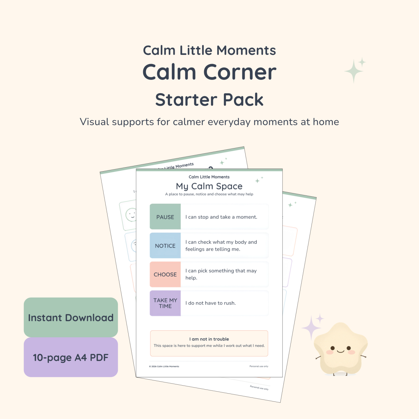 Calm Corner Starter Pack, a 10-page A4 printable PDF with visual supports for calmer everyday moments at home.